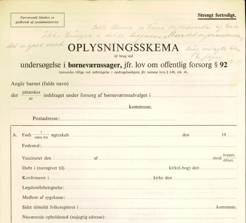 Børneværn_Opl_skema_01a Øverste del af oplysningsskema, side 1, som børneværnet skulle bruge i forbindelse med undersøgelse af børnesager.